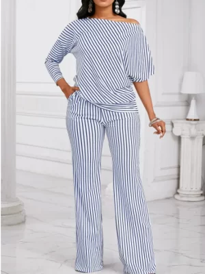 Striped Asymmetry Blue Long Off Shoulder Top and Pants